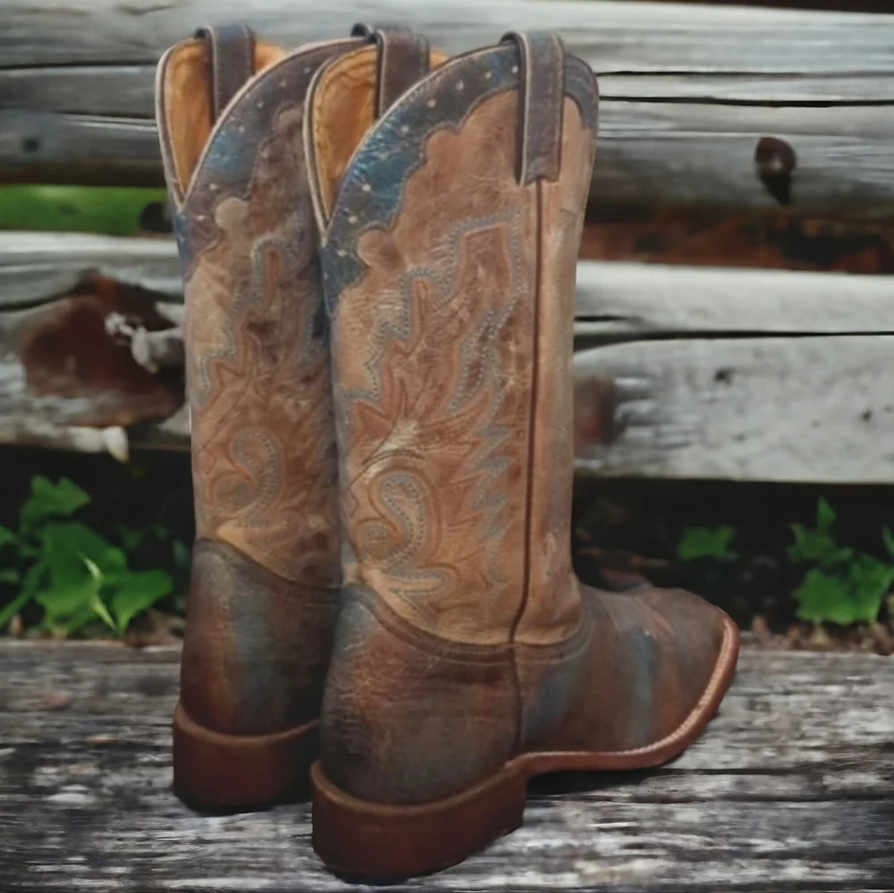 BOULET Boots #4071 mens 9E cowboy boots distressed Tan/Turqueza square toe EUC